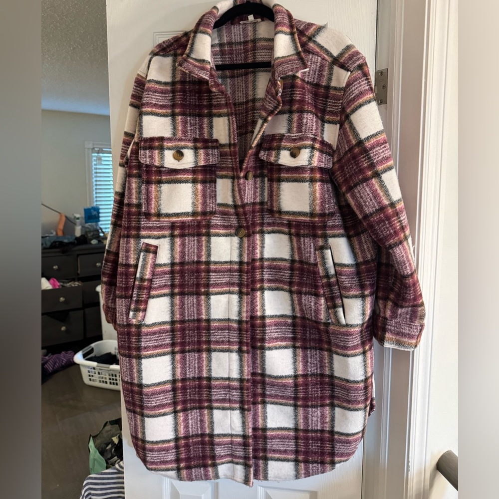 Maurices Burgundy and Cream Plaid Teddy Jacket